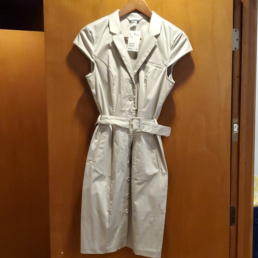 Gray/Silver Button Front Belted Dress